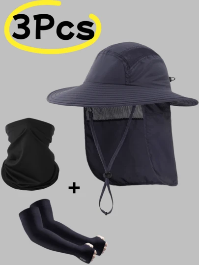 男女通用三件套钓鱼帽，时尚夏季户外帽，带领子和面罩的钓鱼帽，宽檐户外帽，带面罩和颈罩