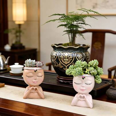 Creative Flower Pot Decor - Green Plant Vase Garden Desktop Ornament - Home Storage - Resin Crafts Decorative Pen Holder