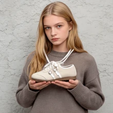 2026 New Youthful Beige Velvet Leather Training Shoes -☆ Girls' Anti-Slip Soft-Soled Lace-UpMetal Ring Flat Shoes Retro Design Style Suitable For Autumn Commuting,Traveling And School Wear - Versatile Girl's Shoes - Beige - View 6