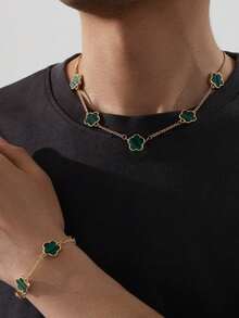 1件装时尚男士商务风幸运四叶草吊坠项链配同款手链套装，情人节、妈妈、母亲节礼物 - 時尚五葉草男士首飾套裝 - 查看 5