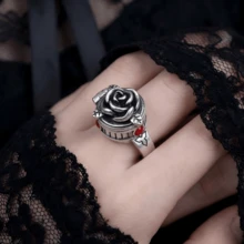 1 pieza Anillo ajustable con flor de rosa de tono plateado de estilo punk, adecuado para uso diario como regalo - Plata antigua - Ver 3