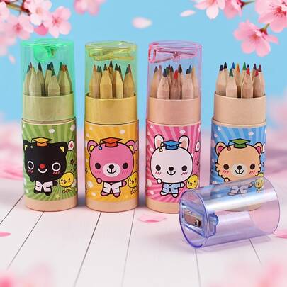 12pcs/24pcs/36pcs/48pcs Cartoon Bear Colored Pencils With Built-In Sharpener, Convenient For Sharpening, Even Coloring, Not Easy To Break, Suitable For Student Drawing, Art, Doodle