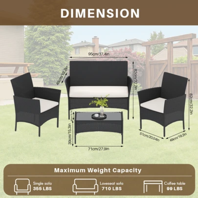 GartistGo 4 Piece Patio Rattan Furniture Sofa Weaving Wicker Includes 2 Armchairs,1 Double Seat Sofa And 1 Table,Grey Rattan Garden Furniture Set