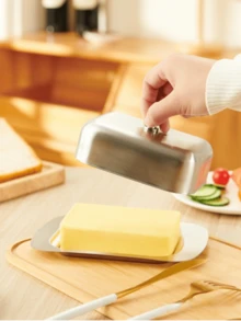 1 pieza Plato para mantequilla de acero inoxidable, caja conservadora de queso, caja de cubiertos estilo europeo, bandeja para mantequilla y queso, caja de pan, plato para pastel, caja para pastel coreana, adecuado para reuniones familiares, fiestas con amigos, comidas al aire libre, Día de la Madre, Halloween, Acción de Gracias, Navidad y utensilios de cocina, plato para mantequilla con tapa. - Ver 5