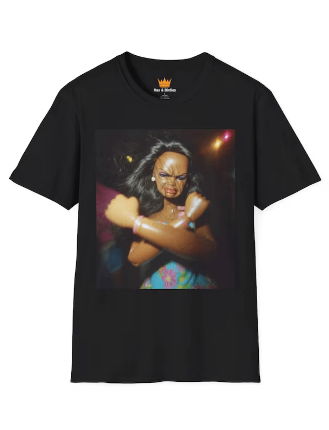 Camiseta con retrato de muñeca inflada, impresión de foto retro luminosa - Negro - Ver 1