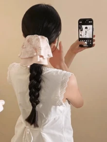 1pc Delicate Printed Satin Pearl Hair Claw Clip, Gentle Elegant Retro Bun Clamp For Ponytail - Multicolor - View 3