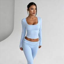 1 set Camiseta de corte ajustado con cuello cuadrado y pantalón de largo completo para mujer, conjunto de primavera - Azul - Ver 3