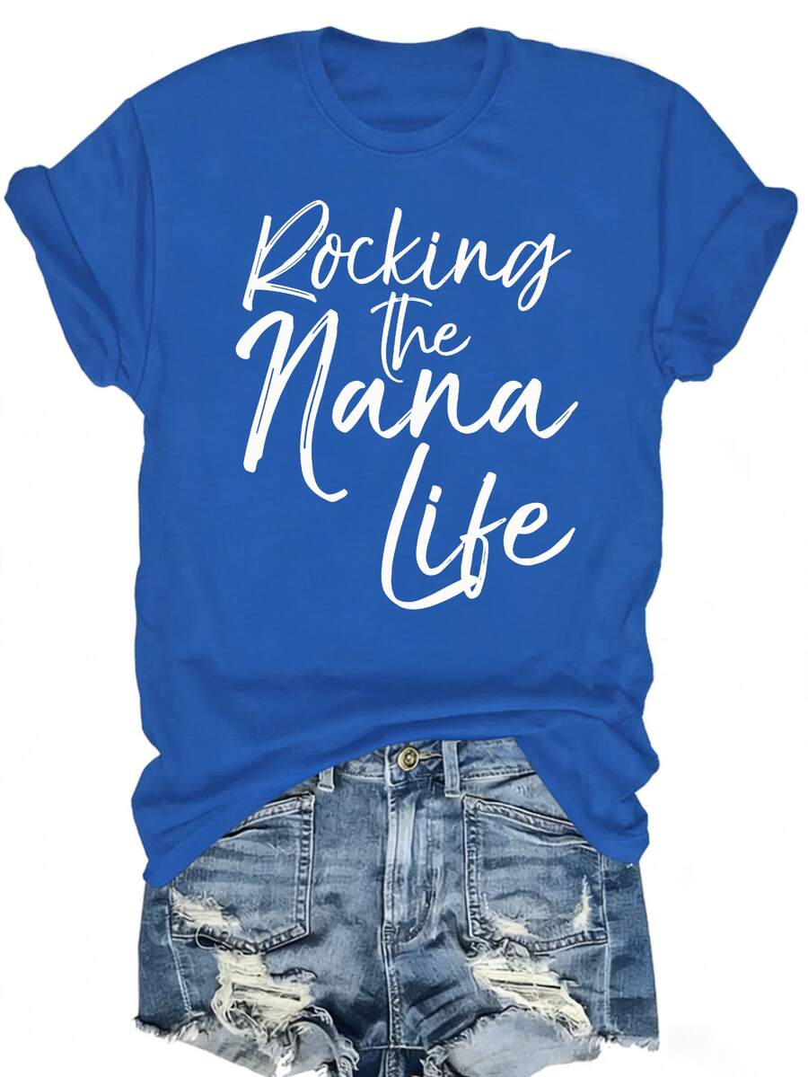 [Mother's Day Gift, Rocking The Nana Life] Soft & Comfortable Women's T-Shirt - Rocking The Nana Life   Casual Short Sleeve Round Neck Top, Black With White Letter Print, Perfect Mother's Day Gift For Grandma, Spring Casual Wear - 藍色 - 查看 1