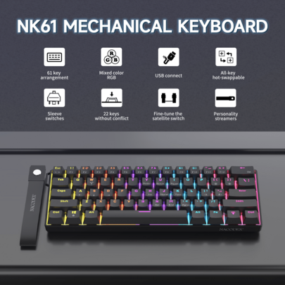 Teclado mecánico con cable AJAZZ NK61, iluminación RGB de color completo, caja de luz ambiente lateral, diseño de 61 teclas con cable de cinta, interruptores intercambiables, interruptores rojos, interruptores de satélite ajustados con precisión. Teclado para juegos, teclado portátil