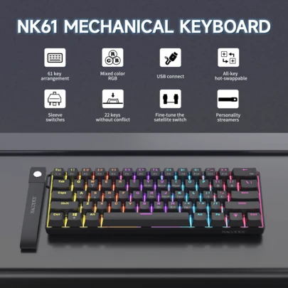 Teclado mecánico con cable AJAZZ NK61, iluminación RGB de color completo, caja de luz ambiente lateral, diseño de 61 teclas con cable de cinta, interruptores intercambiables, interruptores rojos, interruptores de satélite ajustados con precisión. Teclado para juegos, teclado portátil