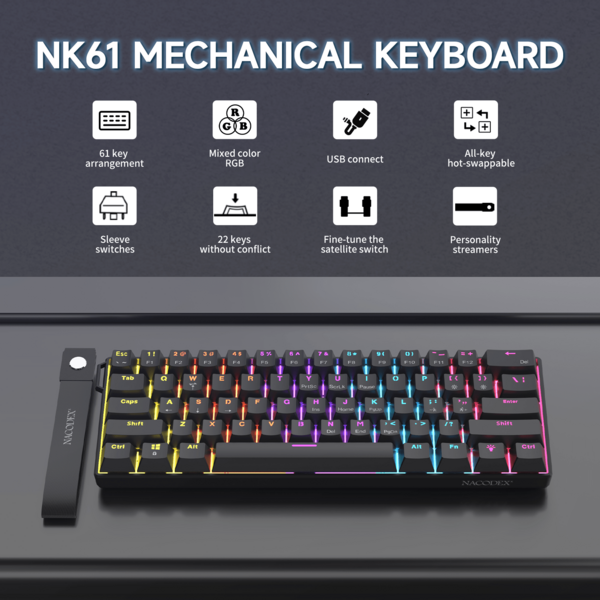 Teclado mecánico con cable AJAZZ NK61, iluminación RGB de color completo, caja de luz ambiente lateral, diseño de 61 teclas con cable de cinta, interruptores intercambiables, interruptores rojos, interruptores de satélite ajustados con precisión. Teclado para juegos, teclado portátil