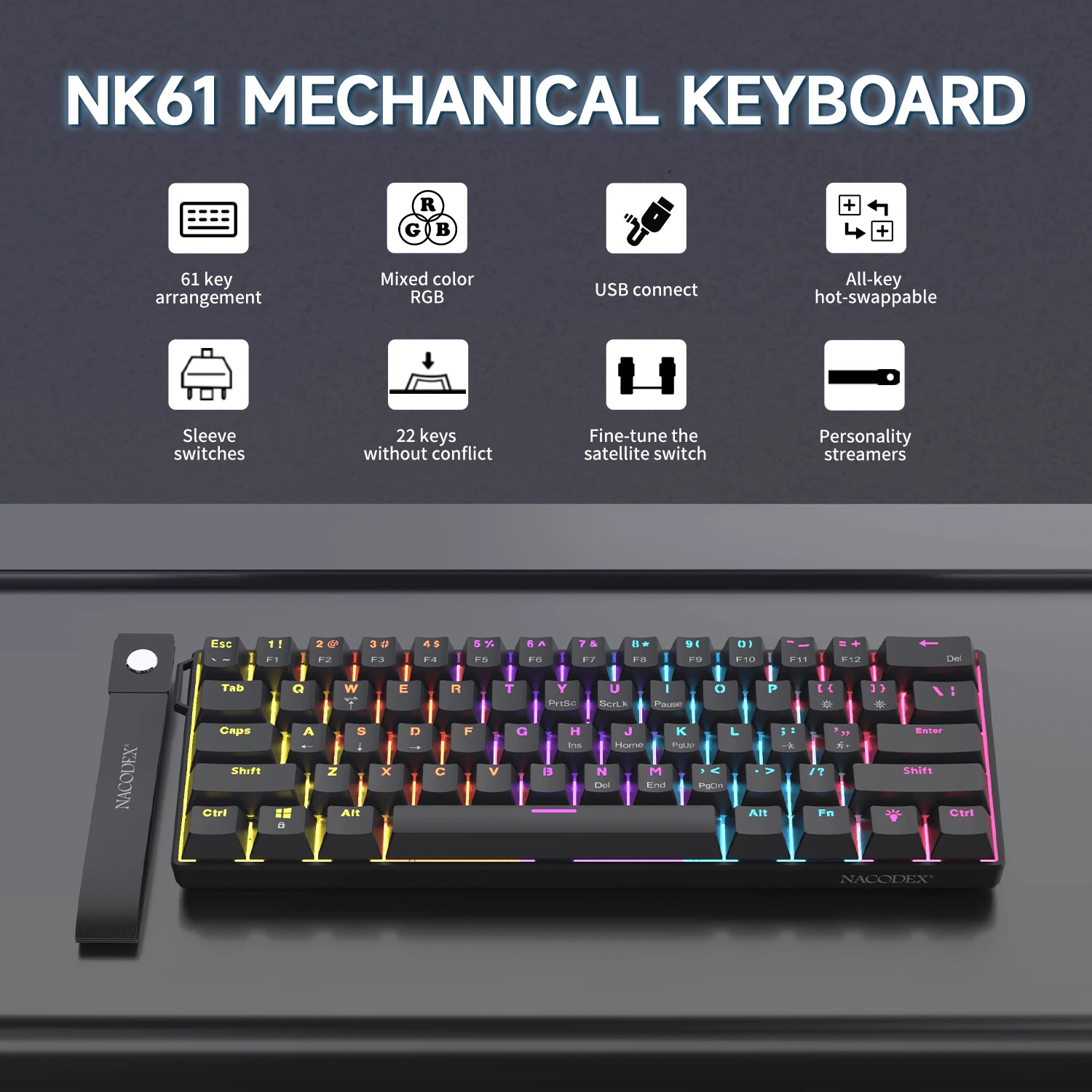 AJAZZ NK61 有线机械键盘，全彩 RGB 背光，侧边氛围灯，61 键布局，扁平线缆，支持热插拔轴体，红轴，微调卫星轴。游戏键盘，便携式键盘