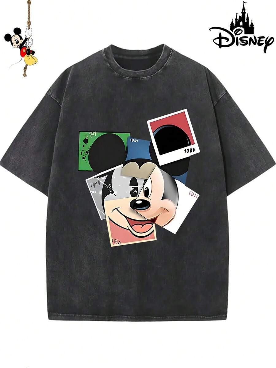 Disney, Mickey Mouse Pattern, Washed Pure Cotton Short Sleeved Men's Summer T-Shirt, Distressed Effect, One-Piece Design, Pure Cotton Fabric, Comfortable And Breathable, Casual Outdoor Street Style, Round Neck; A High-Quality Fashion Brand Is The Ideal Surprise Gift For Family And Friends. - 黑色 - 查看 1