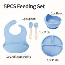 5件套硅胶婴儿喂养套装，包括分格吸盘碗、吸盘碗、围兜、训练杯、自主进食餐具、硅胶材质、婴儿辅食喂养用品，适合作为婴儿礼物 - 彩色 - 查看 9