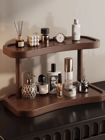 1 pieza Organizador de maquillaje de escritorio de madera simple, estantería para exhibir perfumes y joyas para el hogar, estantería de almacenamiento para productos de cuidado de la piel y accesorios, estantería para té, estantería de doble capa, organizador de escritorio, decoración del hogar, adecuado para Pascua/Eid/Día de San Patricio/Día de la Madre/Regalo