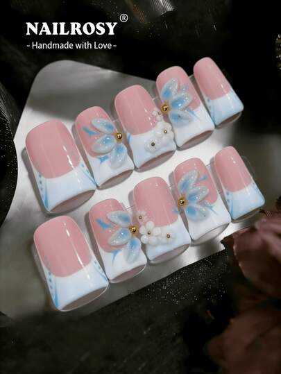 nailrosy 10pcs Handmade Multi-Color Dopamine Pressed 3D Y2K Duck Mouth Reusable False Nails, Rhinestone Colorful French Manicure