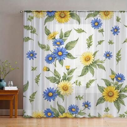 2pcs Yellow And Blue Floral Sheer Curtains, Printed With Green Leaf Patterns, Home Decoration Sheer Curtains, Simple Artistic Style Elegant Window Screens, Curtains Suitable For Kitchens, Cafes, Restaurants, Balconies, Gardens, Bedrooms