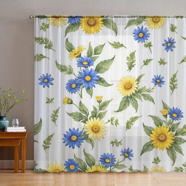 2pcs Yellow And Blue Floral Sheer Curtains, Printed With Green Leaf Patterns, Home Decoration Sheer Curtains, Simple Artistic Style Elegant Window Screens, Curtains Suitable For Kitchens, Cafes, Restaurants, Balconies, Gardens, Bedrooms