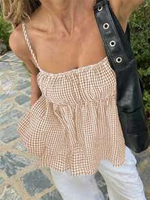 Áo hai dây nữ VIVINA kiểu dáng tối giản, họa tiết kẻ caro, xếp ly, viền bèo nhún, thích hợp cho kỳ nghỉ hè, trang phục mùa xuân. - Màu be - Xem 1