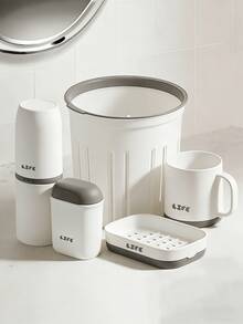 Bathroom Accessories Set, Soap Dish Toothbrush Holders Bathroom Accessories Set, Soap Dish For Shower, Toothbrush Cup, Storage Basket Perfect For Dispenser, Scrubber, Bottle, Cup, Bathroom Trash Can, Bathroom Countertop Accessories Storage, Household Essentials For New Home - Màu trắng (Có thùng rác) - Xem 9