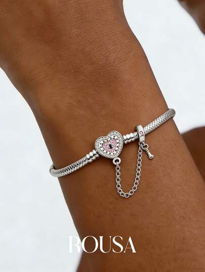 1pc 16-22cm 925 Sterling Silver Heart Beads Snake Bone Bracelet, Gift For Women/Girlfriend, Elegant Women Jewelry