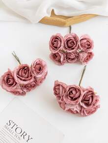 1 Bouquet (6pcs) Artificial Mini Rose Buds, Letter DIY Wreath Materials, Candy Box Accessories, Home Wedding Decor, Bride Wrist Corsage, Chest Flower, Headpiece Materials, Valentine's Day, New Year, Birthday Party, Cake Decorations - Red Violet - View 3