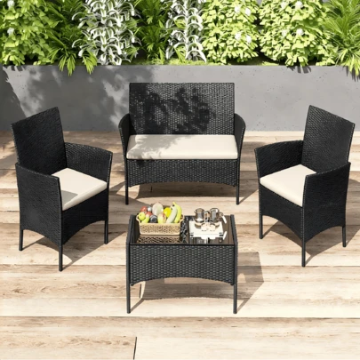 GartistGo 4 Piece Patio Rattan Furniture Sofa Weaving Wicker Includes 2 Armchairs,1 Double Seat Sofa And 1 Table,Grey Rattan Garden Furniture Set