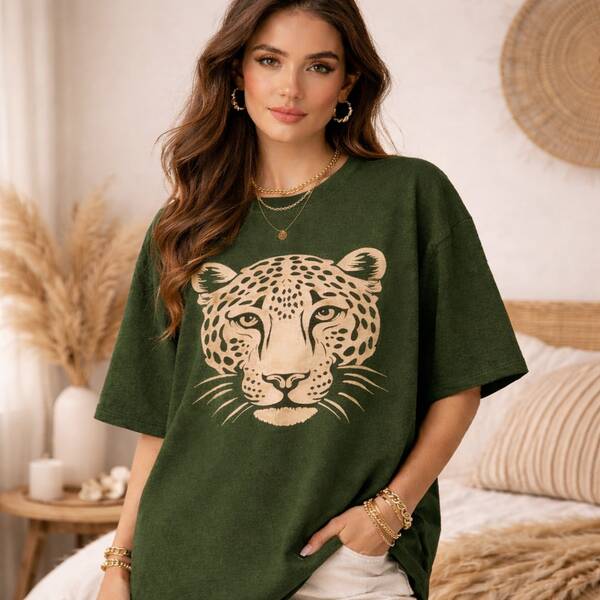Camiseta Feminina Estampada Moda Inverno Camiseta Over Onça Outono