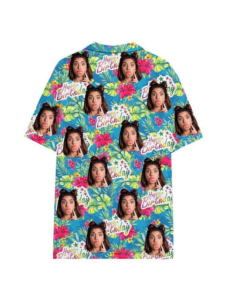 1pc Customizable Hawaiian Shirt For Men, Customized Birthday Party Outfit, Birthday Gift For Family, Brazil Collar Button-Down Shirt, Personalized Men's Short Sleeve Shirt With Funny Face Print, Customized Graphic Print, Birthday/Holiday Gift For Boyfriend, Husband, Family, Friends - Multicolor - View 4