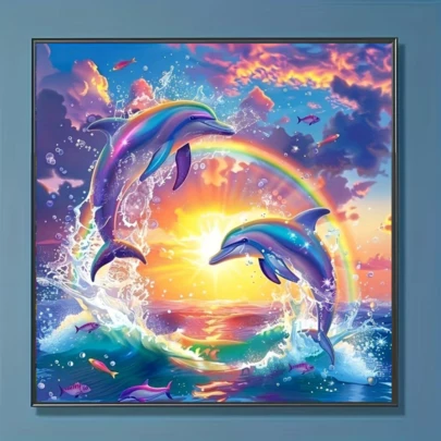 1件装全新5D钻石画套装，以彩色波浪中跃动的海豚为主题，DIY水晶钻石马赛克艺术品，适合作为手工礼品、客厅/卧室装饰，也适用于宰牲节、父亲节、母亲节、婚礼、劳动节、复活节、圣诞节、情人节等节日，无框。