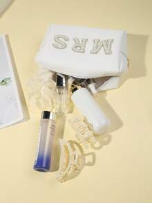 1pc Waterproof Bridal Cosmetic Bag, Large Capacity Elegant Toiletry Bag For Women, Back To School Season - White - View 4