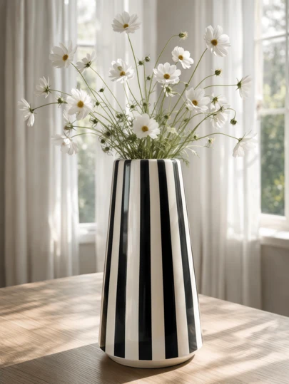 1pc/2pcs Black & White Striped Vase Set, Decorative Flower Pot Suitable For Garden, Balcony, Yard, Living Room And Tabletop Decor, Modern Home & Garden Decoration