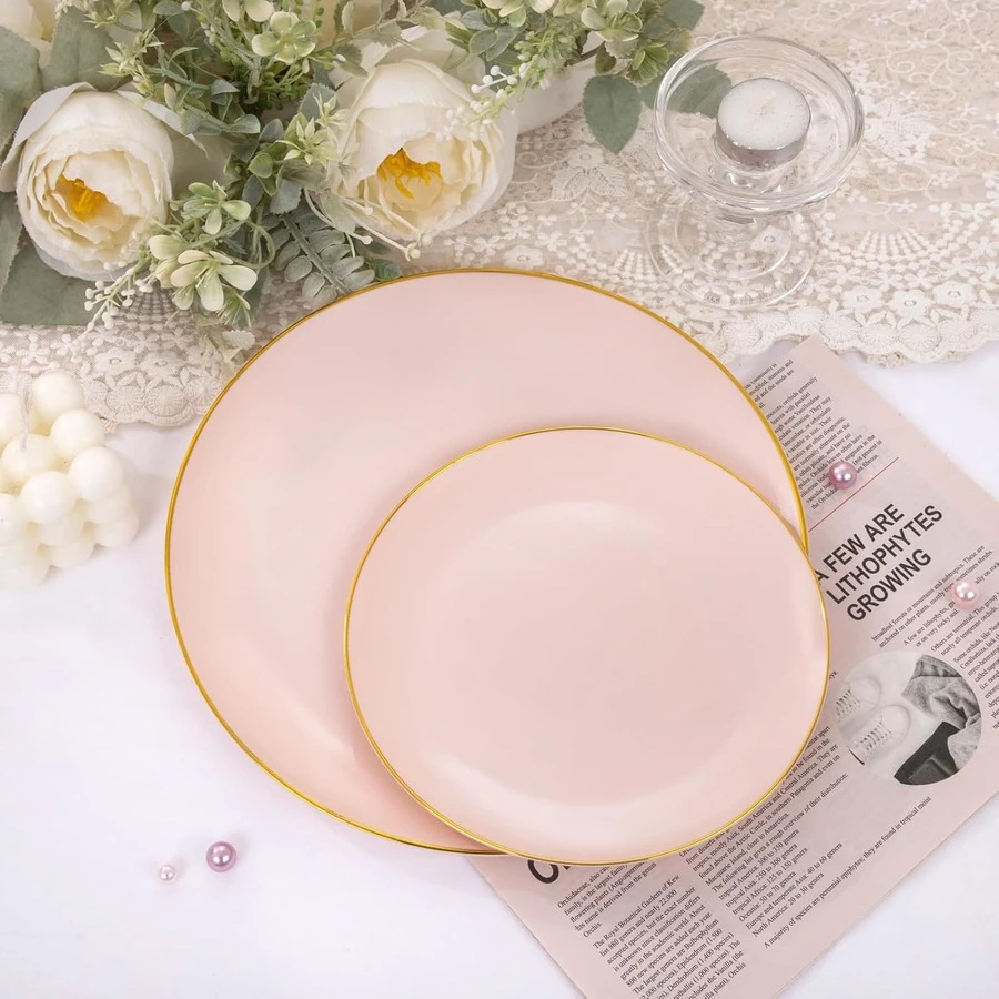 10pcs Pink Plates With Gold Trim - Pink And Gold Plates - Heavy Duty Premium Classic Plates With Gold Edges - Fancy Dinner And Dessert Plates Suitable For 10 Guests, Wedding And Party - Pink - View 1