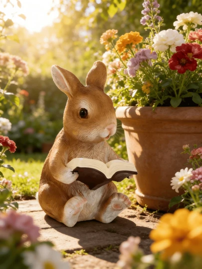 读书兔花园雕像，兔子读书造型树脂动物雕塑，户外景观装饰，适用于花园、书架、卧室