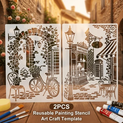 2件套欧洲巴黎街景模板，A4尺寸，适合DIY工艺品 - 塑料法式咖啡馆模板，包含经典的欧洲建筑元素，适用于墙面、织物、T恤、画布 - 适合家居装饰、节日礼物、主题绘画设计