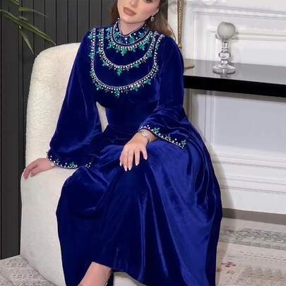 Rhinestone Velvet Long Arabic Style Dress, Autumn/Winter Spring