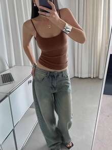 VIVINA Petite 女士纯色褶皱修身夏季吊带背心，女士夏季服装，春季休闲上衣 - 棕色 - 查看 5