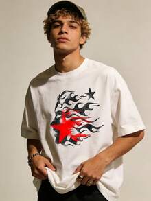 Men's Red Star Flame Face Graphic White T-Shirt Casual Cotton Tee For Streetwear And Daily Wear, Crew Neck, Casual, Graphic Tee, Streetwear, Street Style, Daily Wear, Casual Outings, Music Events, Urban Fashion. - White - View 3