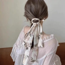 1pc Retro Faux Pearl Hair Clip, New Chinese Style Minimalist Hair Accessory, Elegant Silk Scarf Floral Print Long Ribbon Hair Clip, Birthday Party Gift,Festival,Travel - Baby Blue - View 2