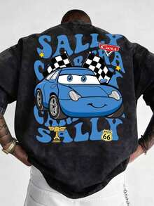 Disney, Cars Pattern, Washed Pure Cotton Short Sleeved Men's Summer T-Shirt, Distressed Effect, One-Piece Design, Pure Cotton Fabric, Comfortable And Breathable, Casual Outdoor Street Style, Round Neck; A High-Quality Fashion Brand Is The Ideal Surprise Gift For Family And Friends. - 黑色 - 查看 1