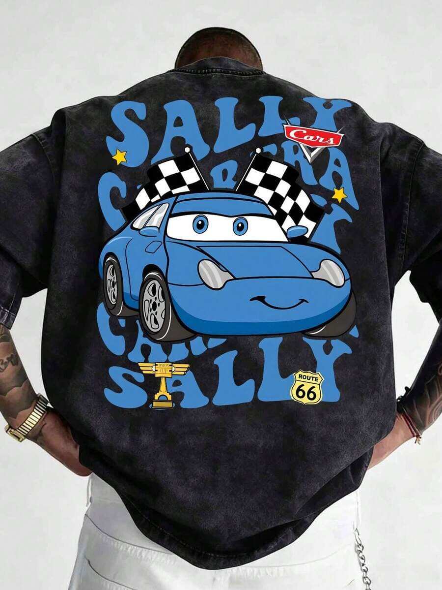 Disney, Cars Pattern, Washed Pure Cotton Short Sleeved Men's Summer T-Shirt, Distressed Effect, One-Piece Design, Pure Cotton Fabric, Comfortable And Breathable, Casual Outdoor Street Style, Round Neck; A High-Quality Fashion Brand Is The Ideal Surprise Gift For Family And Friends. - 黑色 - 查看 1