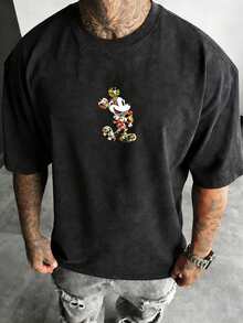 Disney, style amusant | T-shirt d'été pour homme Disney Mickey Mouse Collage Art, finition vieillie, tissu 100% coton, confortable et respirant, style streetwear décontracté, col rond ; une marque de haute qualité, le cadeau surprise idéal pour la famille et les amis. - Noir - Voir 3