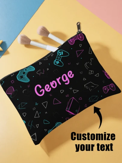 1pc Customizable Cartoon Game Console & Universe Pattern Double-Sided Printed Travel Makeup Organizer Bag, Multi-Functional Zipper Cosmetic Pouch Wallet, Suitable For Teenagers To Store Skincare Products, Customizable With Your Name