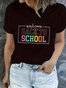 Camiseta divertida de regreso a clases para maestros, camiseta estampada de cuello redondo, top informal de manga corta - Negro - Ver 1