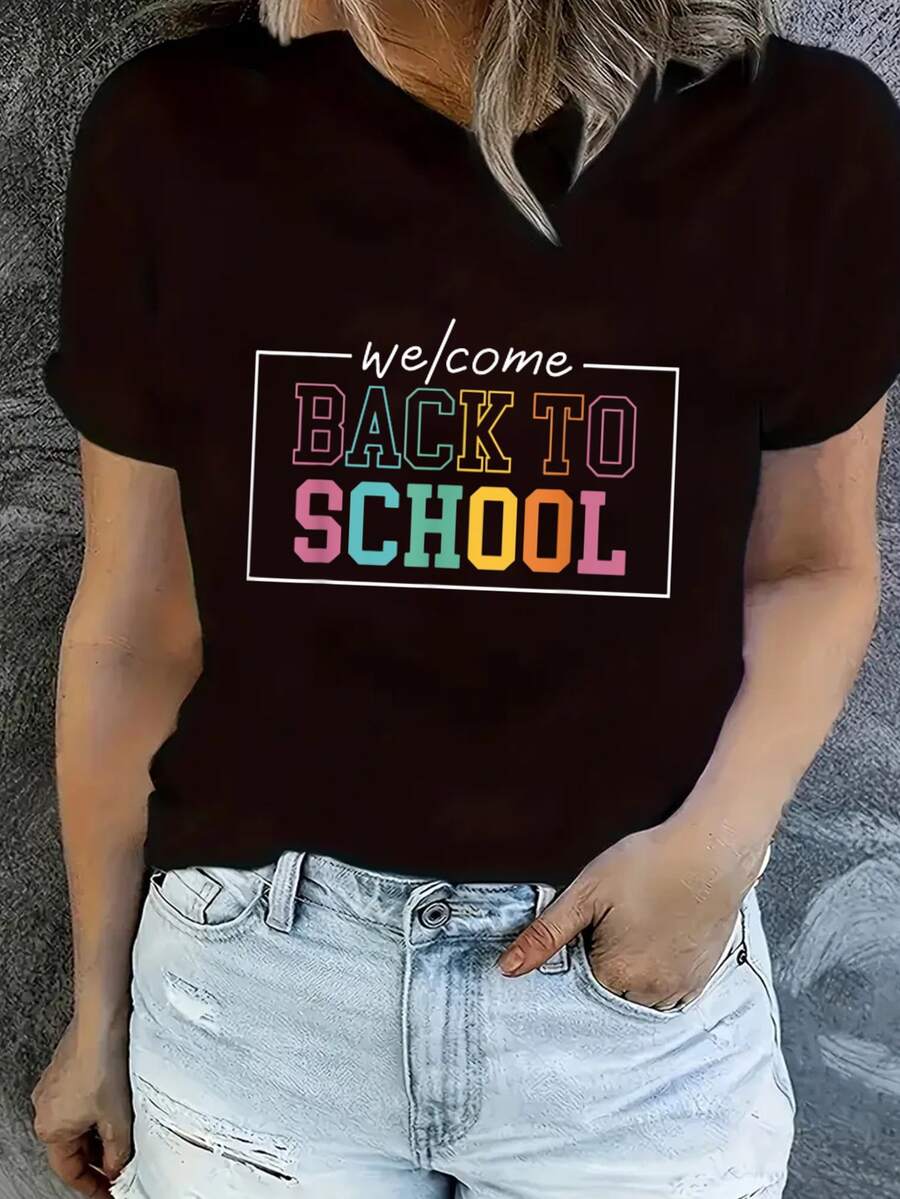 Camiseta divertida de regreso a clases para maestros, camiseta estampada de cuello redondo, top informal de manga corta - Negro - Ver 1