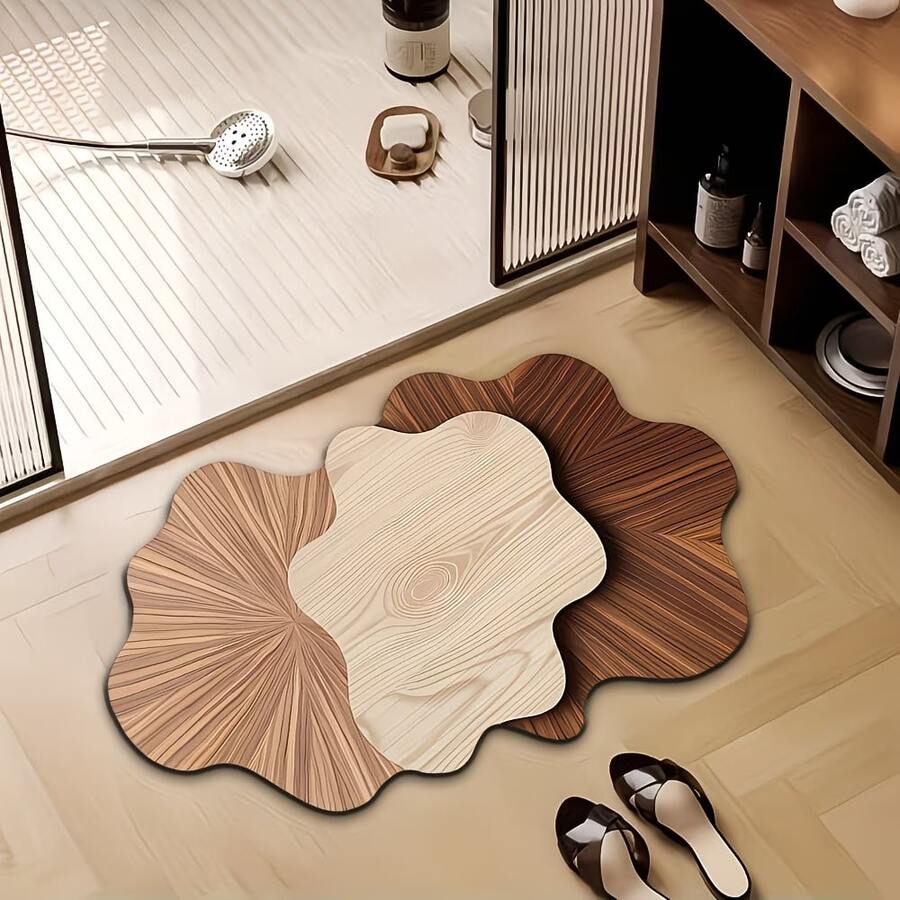 1pc Wood Grain Wavy Asymmetrical Pattern Silica Gel Bath Mat, Brown/Green Shower Door Mat, Fashionable Carpet, Silica Gel Doormat For Bathroom, Toilet, Entryway, Kitchen, Easy To Clean, Bath Rug, Bathroom Carpet, Door Mat, Small Rug, Welcome Mat - Multicolor - View 1