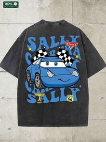 Disney, Cars Pattern, Washed Pure Cotton Short Sleeved Men's Summer T-Shirt, Distressed Effect, One-Piece Design, Pure Cotton Fabric, Comfortable And Breathable, Casual Outdoor Street Style, Round Neck; A High-Quality Fashion Brand Is The Ideal Surprise Gift For Family And Friends. - 黑色 - 查看 5