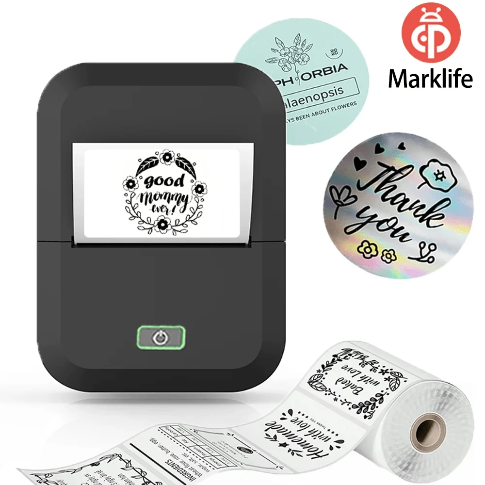 Marklife标签打印机 - 便携式热敏标签打印机，适用于产品、地址、小型企业、贴纸等，兼容iOS和安卓系统，迷你家用标签打印机，附赠1卷40*30毫米（4.0厘米*3.0厘米）标签纸（230张/卷），是节日礼品的理想之选。