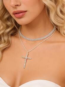 1件欧美时尚嘻哈十字架吊坠项链，优雅简约精致水钻颈链，女士款 - 銀色 - 查看 1