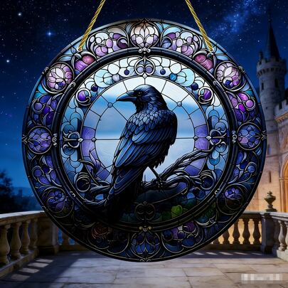 2D平面 - 1个/2个 [2D平面] 亚克力阳光捕捉器，彩色玻璃风格 - 树枝上乌鸦和秃鼻乌鸦的生动设计 - 哥特式风格悬挂装饰，适用于窗户 - 送给爱鸟人士和乔迁新居的理想礼物